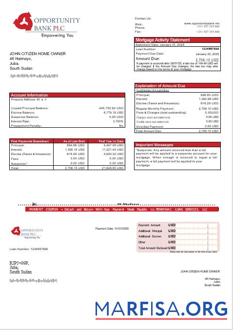 Downloadable South Sudan Opportunity bank mortgage statement in Word and PDF formats template